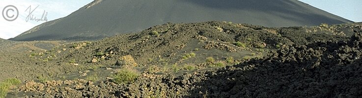 Blick auf Pico de Fogo mit karger Vegetation im Vordergrund