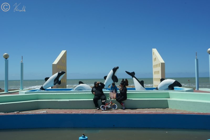 Springbrunnen mit Delphinen am Strand
